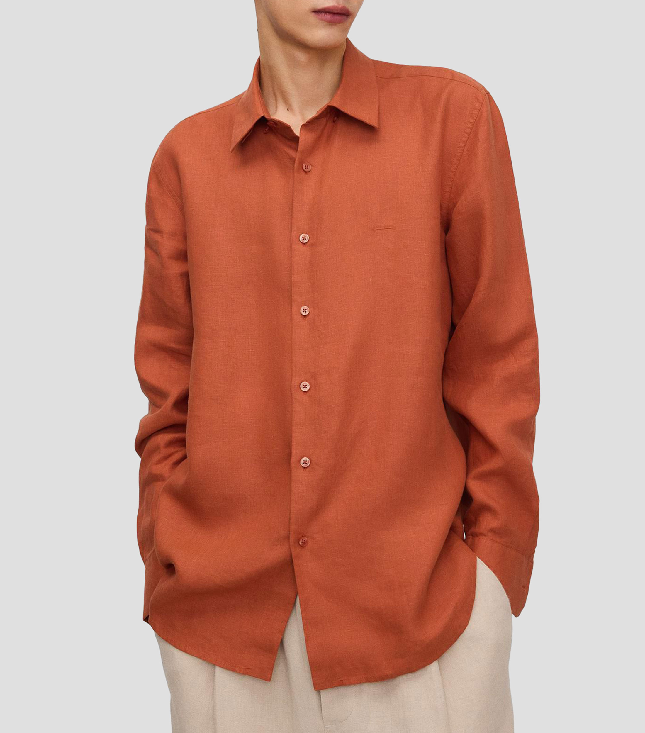 Camisa lisa de lino manga larga Hombre